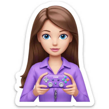 beautiful barbie girl with long brown hair, blue eyes and wearing light purple clothes playing console games with controller sticker