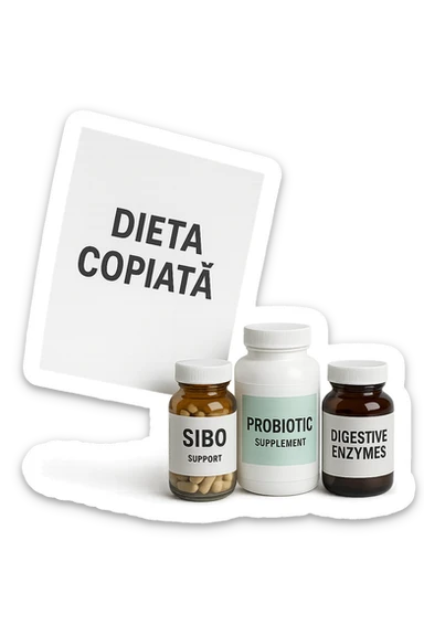 FOGLIO DI CARTA FLUTTUA IN ARIA CON LA SCRITTA "DIETA COPIATA", INSIEME A BARATTOLI DI INTEGRATORI PER CURARE IL SIBO, IPERREALISTICO 4K, NON DISEGNATO sticker