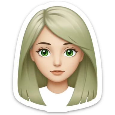 женщина с зелёными глазами, красивыми бровями, серо-бежевыми длинными волосами, подстриженных каскадом, с асимметричным пробором, прямой чёлкой sticker