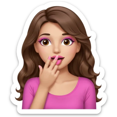 girl with long wavy brown hair, brown eyes, long lashes makeup, sexy pink lips, light to medium complexion, wearing a pink sexy top, sexy, giggling hand covering mouth sticker