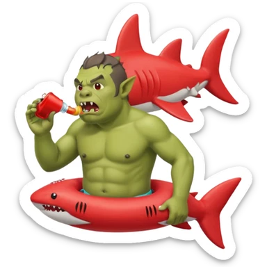orc male in shark floatie, blowing whistle. Red swim trunks sticker