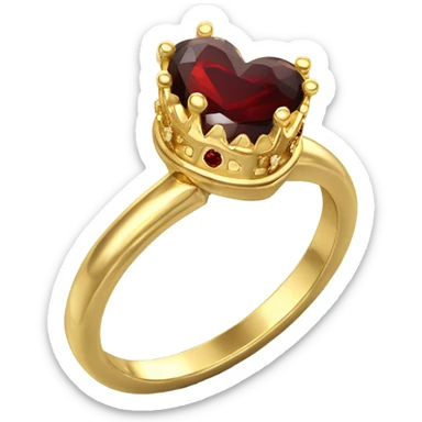 Gold crown shaped engagement ring with heart shaped garnet stone in center front facing sticker