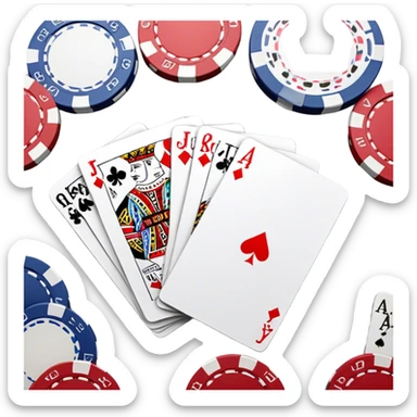 A photorealistic icon featuring playing cards, poker chips and a deck of cards spread out on a table. Bright, detailed design with realistic textures and lighting. Transparent background, clearly symbolizing card games and strategy. sticker