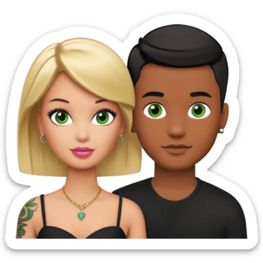 Brown skin blonde hair barbie with her boyfriend with black short hair and green eyes with tattoos sticker