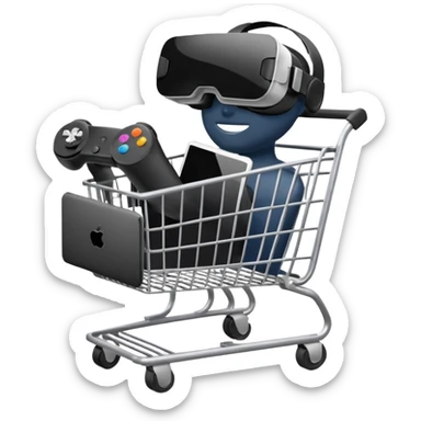 shopping cart filled with a VR headset, tablet, and game controller sticker