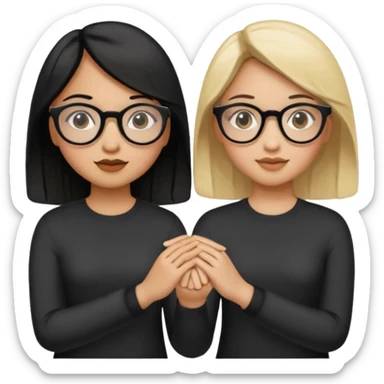 2 girls holding hands, one with tan skin, black hair and round glasses, and the other girl with light Skin, dark blonde hair, and black round glasses sticker