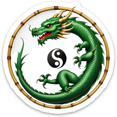 An icon symbolizing Eastern martial arts in the style of an emblem, with a black-and-white Yin-Yang symbol at the center. A dragon is placed on either side, representing strength and wisdom. The design includes bamboo and traditional elements. Transparent background sticker