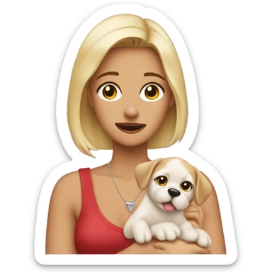 Pretty woman crying tears while holding puppy sticker