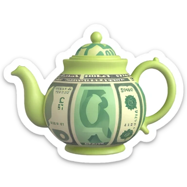 a teapot with dollar bills as decoration, whimsical style sticker