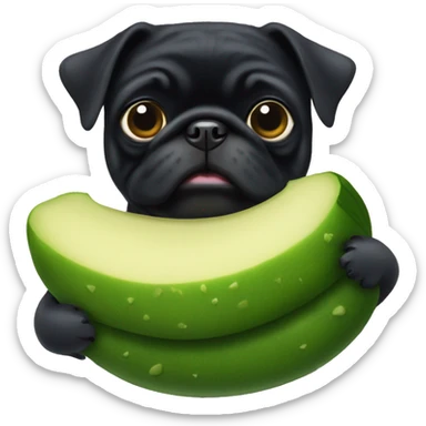 Black pug with a pickle sticker