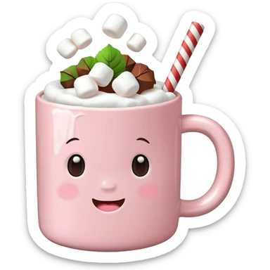 light pink mug with hot chocolate and marshmallows sticker