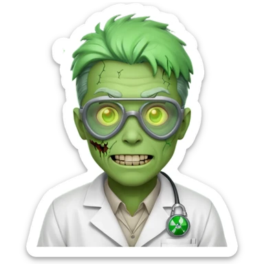 radioactive zombie scientist portrait, head and shoulders only, glowing toxic veins, cracked goggles, lab coat with radiation badge, sinister smile, 3D cartoon, mobile game icon style, clean background, no text, no watermark
 sticker