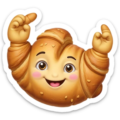 a drawn croissant with eyes and a smiling mouth, making a heart with his fingers sticker