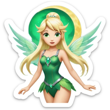Isolated, 3D rendering, Tinkerbell with futuristic cyberpunk style and colors, ultra detailed wings, flying above the fluffy clouds near the moon, blonde long shiny hair,  emerald jewel green eyes, overall design to have bright, vivid colors, full body view. Not holding anything in hands  sticker