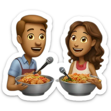 Two people singing into mics while eating a Cajun dinner sticker