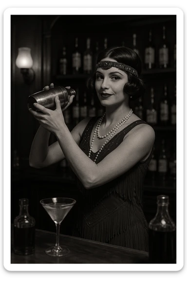 A speakeasy bartender, flapper-style, shaking a martini, prohibition era style. sticker