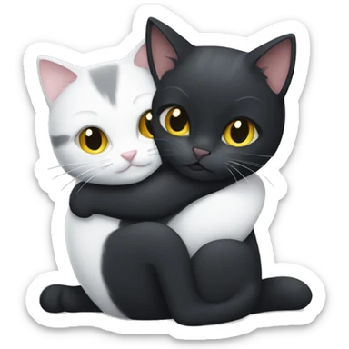 A black cat and a gray-white kitten hug sticker