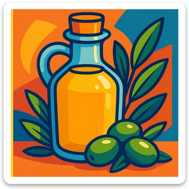 cartoon style olive oil bottle with olives and leaves, vibrant colors sticker