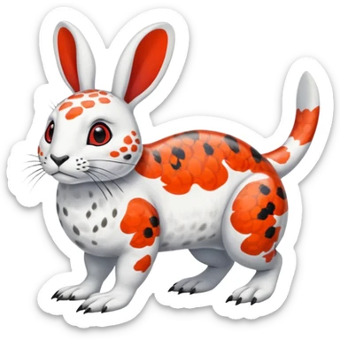 Rock Ptarmigan-Snow-Leopard-Snowshoe-Hare-Koi-Fish-Pokémon-Fakémon-Animal-hybrid, full body, with red marking over eye sticker
