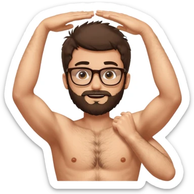 iOS emoji-style cartoon, light stubble, glasses, wide eyes, neutral skin tone, shirtless , very hairy chest , one arm up very hairy armpit. Lots of body hair  sticker