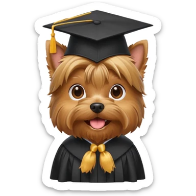 Yorkshire Terrier with a graduation cap, showing intelligence, playful emoji style sticker