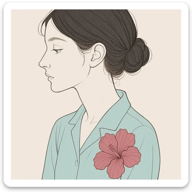 portrait of a black-haired girl with a neat low bun and side hair, face in profile, wearing a light sea blue silk shirt, adorned with a dark pink hibiscus flower, delicate line art sticker
