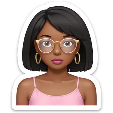 Dark Black girl with black shoulder length bob with layers. She wears clear glasses and has on small gold hoop earrings and lipgloss. Shes also wearing a light pink spaghetti strap shirt sticker