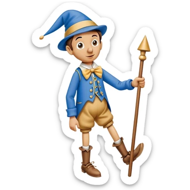 Wooden puppet Pinocchio with a long nose, wearing blue clothes and a pointed hat sticker