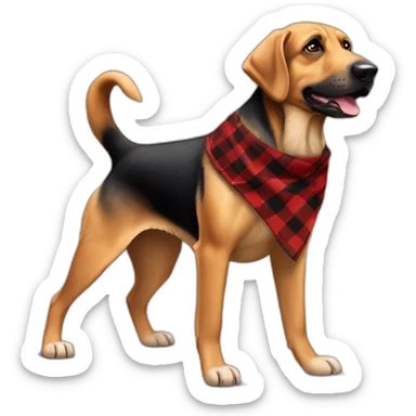 adult 75% Coonhound 25% German Shepherd mix dog with visible tail wearing small pointed red buffalo plaid bandana full body walking left quickly sticker
