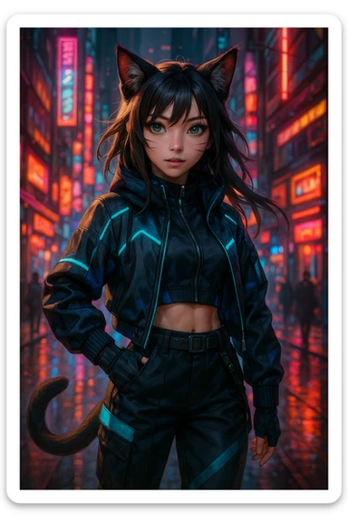 realistic anime catgirl in cyberpunk streetwear, neon lights, futuristic city background sticker