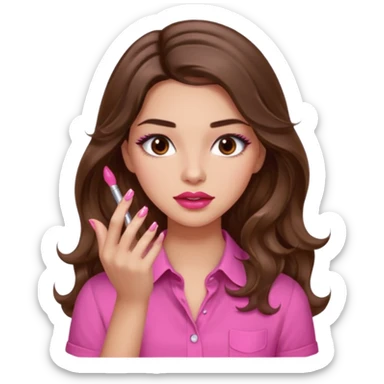 girl with long wavy brown hair, brown eyes, light to medium complexion, in a pink shirt, pink lips, long lashes, puckered lips, showing off painting long nails sticker