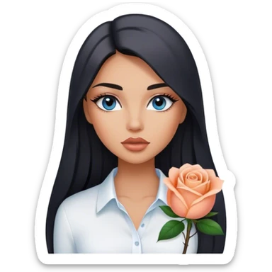 Glamours, tanned, very beautiful girl, with big pump peach-beige-rose lips, long long lashes, black straight smooth silky long hair, straight parting hair, blue-grey eyes, in white shirt sticker