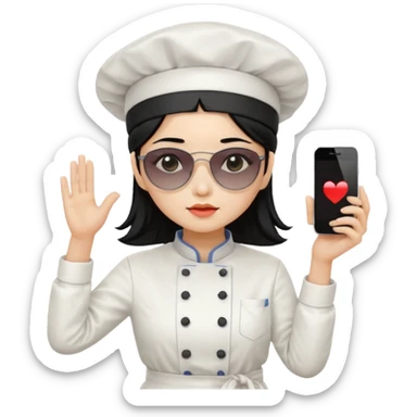 ["A sad woman with light skin, straight hair, wearing a chef hat and sunglasses, dressed in K-pop fashion, is dancing while holding a phone."] sticker