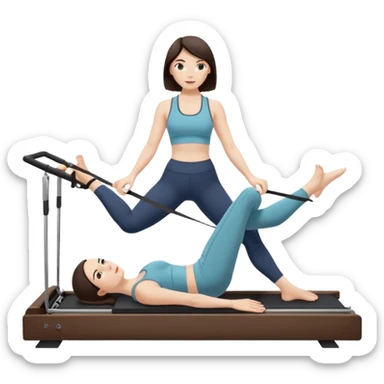 pale woman with dark brown hair doing pilates on a reformer sticker