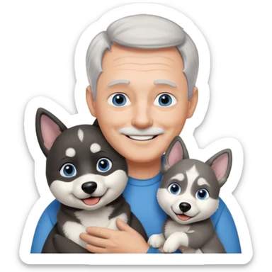 A 60 year old man with blue eyes and short light gray hair and slightly big ears, holding a black and white husky dog with floppy ears and white tuft eyebrows, both smiling sticker