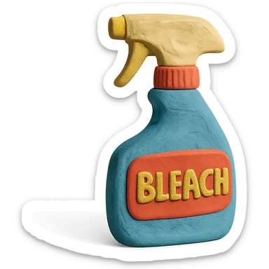 bleach spray bottle in claymation style with a bold label, playful arrangement, pastel palette sticker