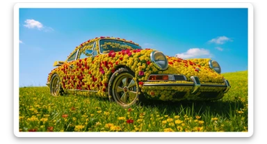 Closeup shot of a porsche 911, body of car made of grass and big colorfull flowers, green hill grass, blue clear sky, dutch angle, captured by ARRI 65 sticker