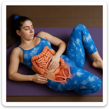 A slender woman in 4K lying on a yoga mat, knees bent towards the chest, one hand on the abdomen, with an anatomical overlay highlighting the intestine and pelvic muscles, inspired by the reference photo. sticker