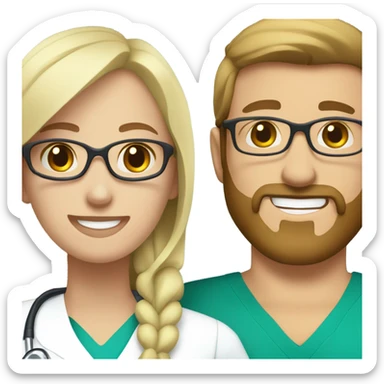 blond nurse caring for Caucasian man with brow hair beard and glasses sticker