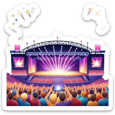 An icon showing a stadium stage with a concert in full swing, bright stage lights illuminating the performers, and fireworks bursting in the sky. The excitement of the crowd is palpable, symbolizing a love for live music and unforgettable shows. transparent background. sticker