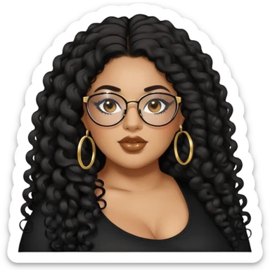 big plus size, latina, darker tan skin, gold hoops, long black curly hair, baddie,pretty, makeup, lipgloss, black eyeliner, long hair, black top, black glasses sticker