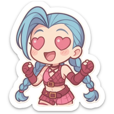 Jinx from League of Legends with heart-shaped eyes, chibi style, wearing a pink outfit sticker