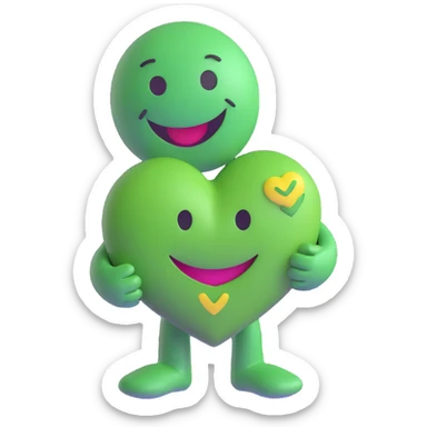 green smiley hugging a green heart sticker