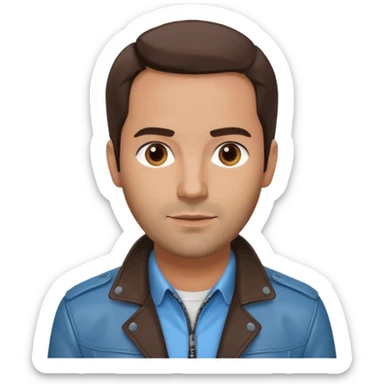 Alex Dimitriades light blue shirt, dark brown leather jacket sticker