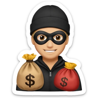 smiley robber wears black eye mask and black beanies with money bag beside him sticker