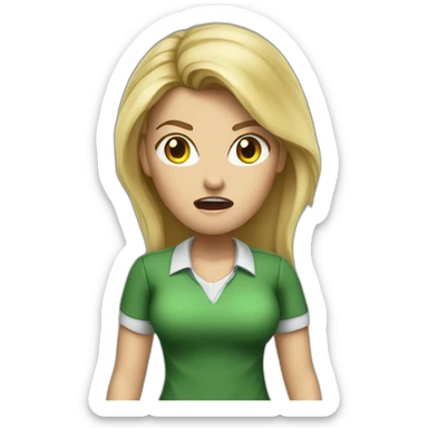 front view angry woman teacher long blonde hair dark eyes green shirt no glasses yelling sticker