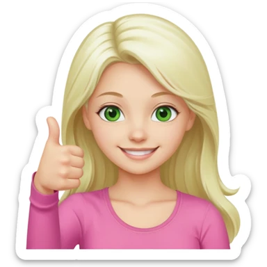 Long platinum blonde hair girl with green eyes in  pink top showing a thumbs up sticker