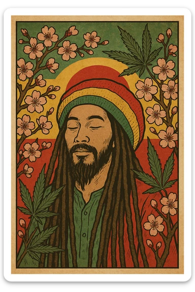 Vintage poster of an Asian Rasta with long dreadlocks, peaceful eyes, and a red-gold-green tam. Surrounded by cherry blossoms and ganja leaves. Background blends Rasta colors into an Asian flag (e.g., red sun from Japan or Chinese star). Retro reggae fusion vibe, with bold lines and aged paper texture.
 sticker