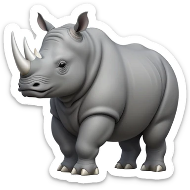 cinematic-rhino-full-body-standing-emoji,white horn, slate grey skin -massive-body-poised-powerfully,-thick-horn-curving-slightly-forward,-head-tilted-dramatically,-rough-grey-hide-covered-in-dust,-simplified-focused-features, sticker