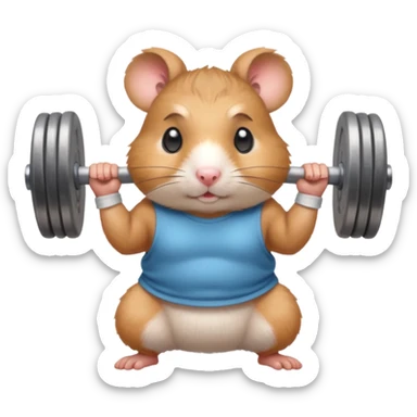 Cute cartoon-style hamster standing upright, wearing a tiny sweatband, lifting oversized dumbbells with determined expression. Soft painterly shading, expressive eyes, white background, sticker-style illustration sticker